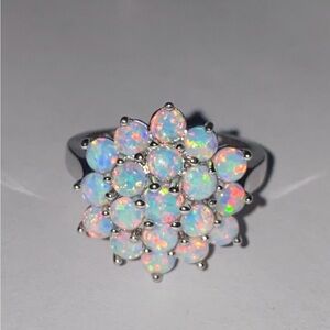 S925 Silver Elegant Silver Opal Cluster Ring